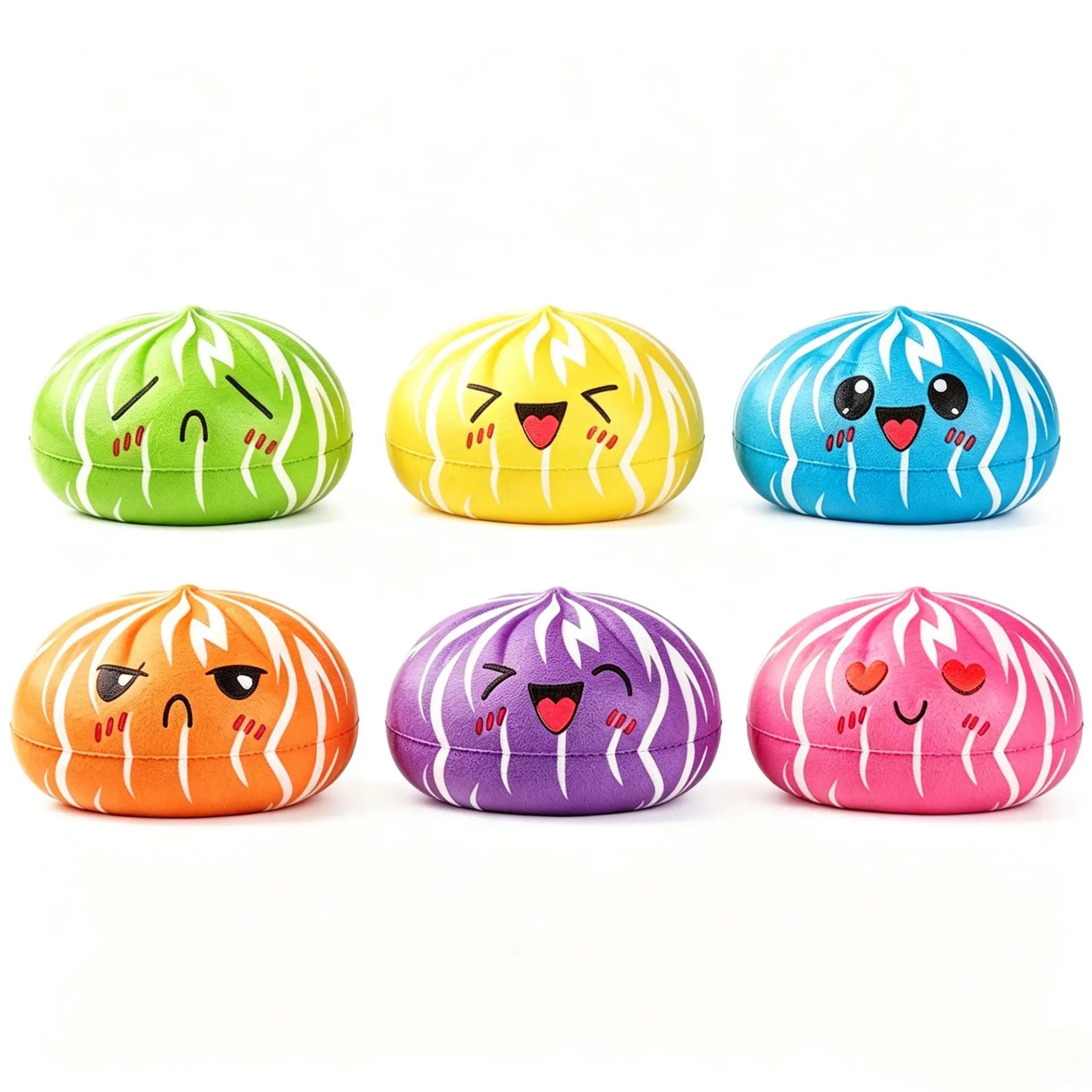 The ZoDoll Rainbow Mystery Squishy Bun Fidget Toy with Steamer – Sugar Edition features six colorful buns, each with a unique face and color—green, yellow, blue, orange, purple, and pink—set against a vibrant gradient background.