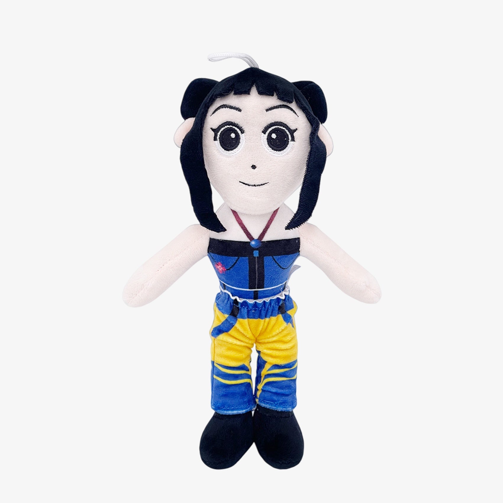 Demon Hunters Anime Plush Doll, 10.6-inch female character with black hair, large eyes, blue and yellow outfit, and black boots—soft stuffed toy with hanging loop by Demon Hunters; perfect collectible for fans.