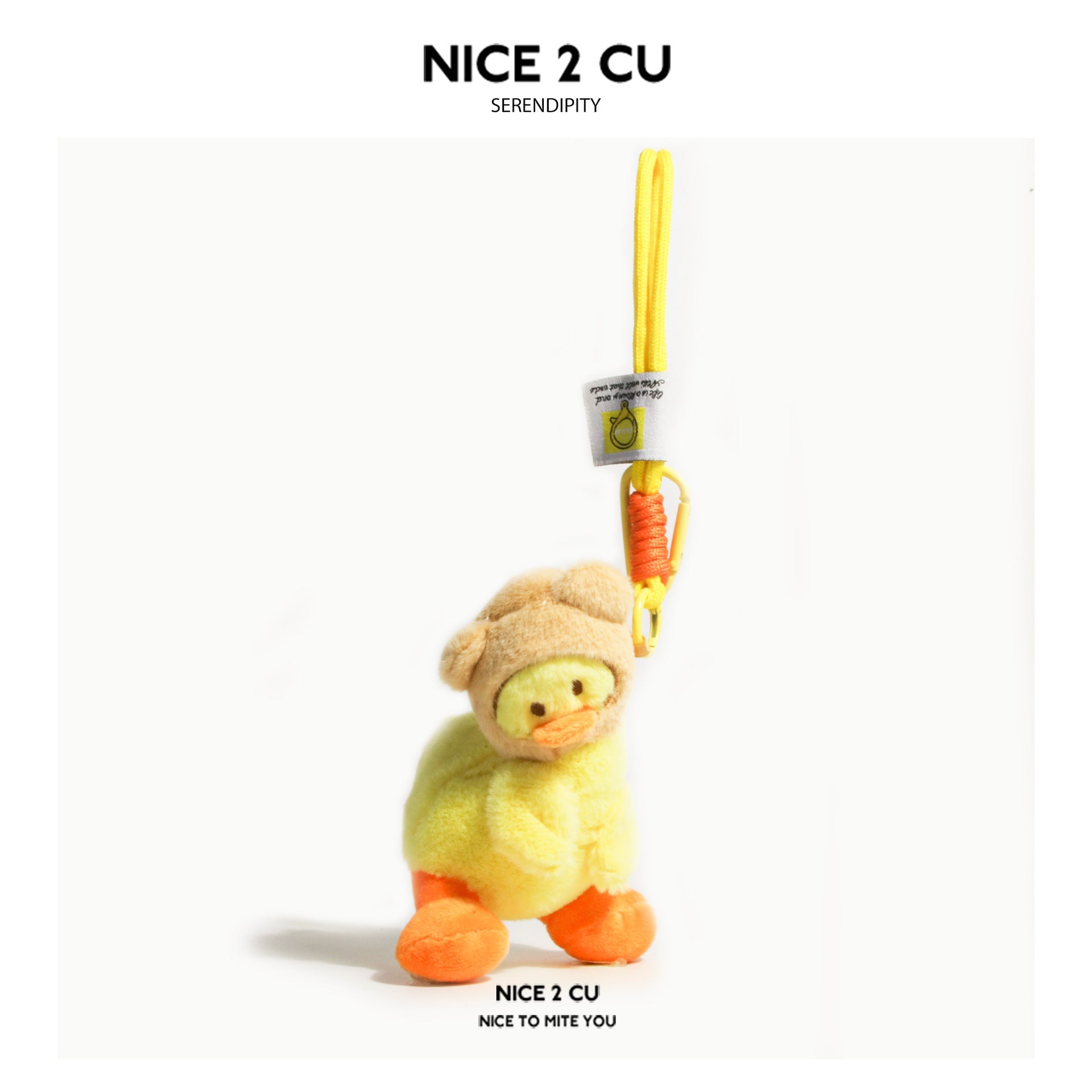 Yellow plush duck keychain with brown bear-ear hood, tilted-head pose, and orange carabiner clip