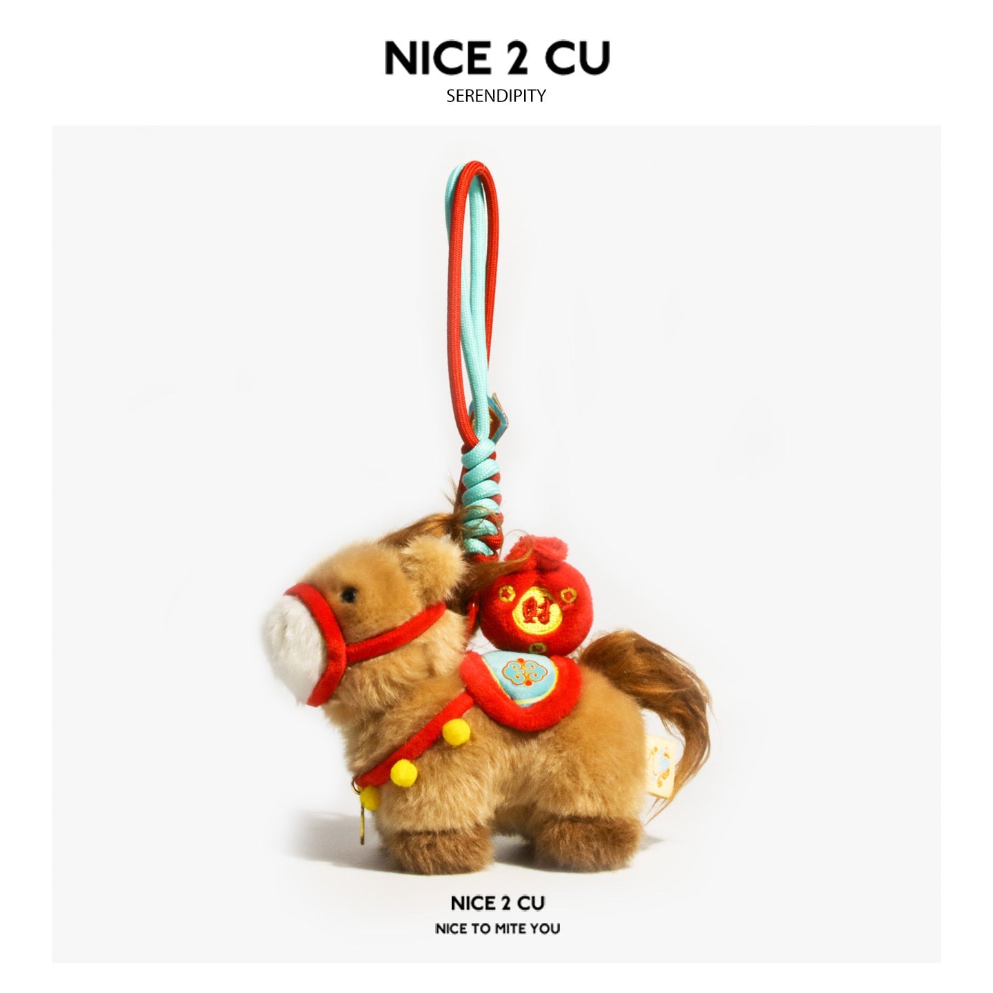 Deep brown plush horse pendant charm with red bridle, mint embroidered saddle cloth, and braided red-and-mint hanging loop