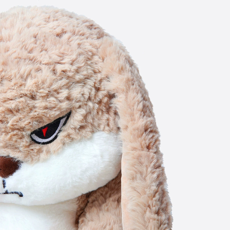 Close-up of the ZEIO Bunny Plush Toy 38cm – a soft, beige rabbit stuffed animal with long floppy ears, red and black embroidered eyes, and a frowning mouth, perfect for nursery décor, shown against a plain white background.