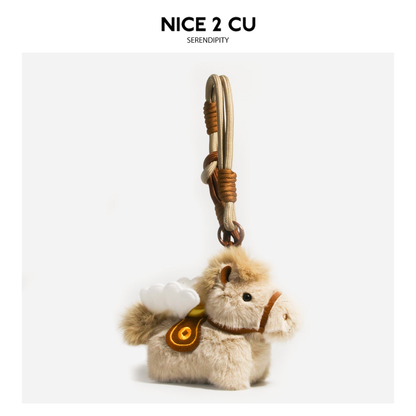 Tan brown fluffy flying horse plush charm with golden wing, white cloud accent, gold coin ornament, and braided hanging cord