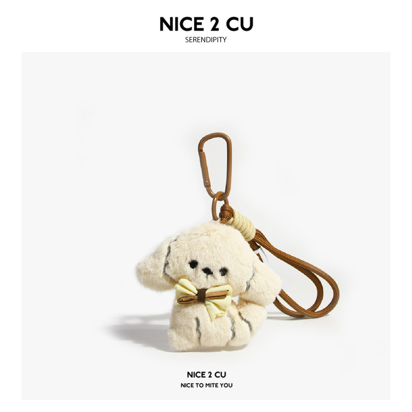 Cream plush puppy keychain with small neck bow and brown carabiner strap