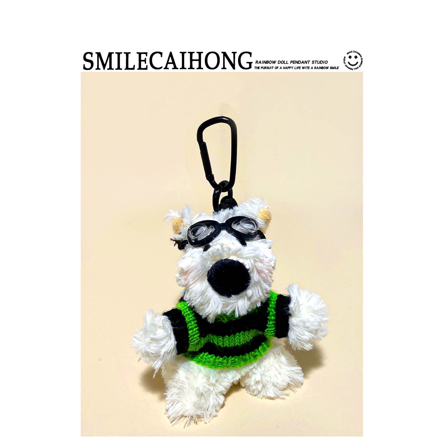 White terrier plush pendant wearing goggles and a black-and-green striped knit vest with carabiner clip