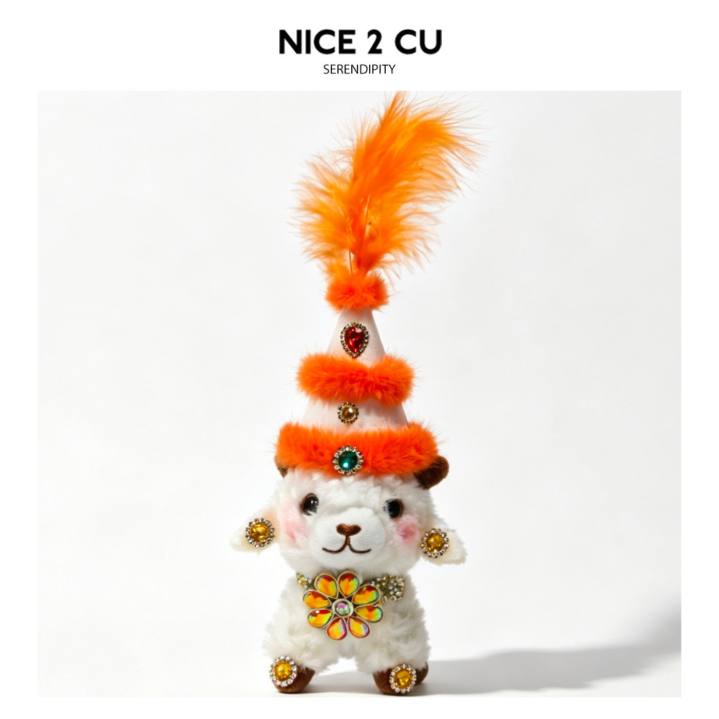 White plush lamb collectible with orange feather headdress, fluffy orange bands, and multicolor floral chest ornament