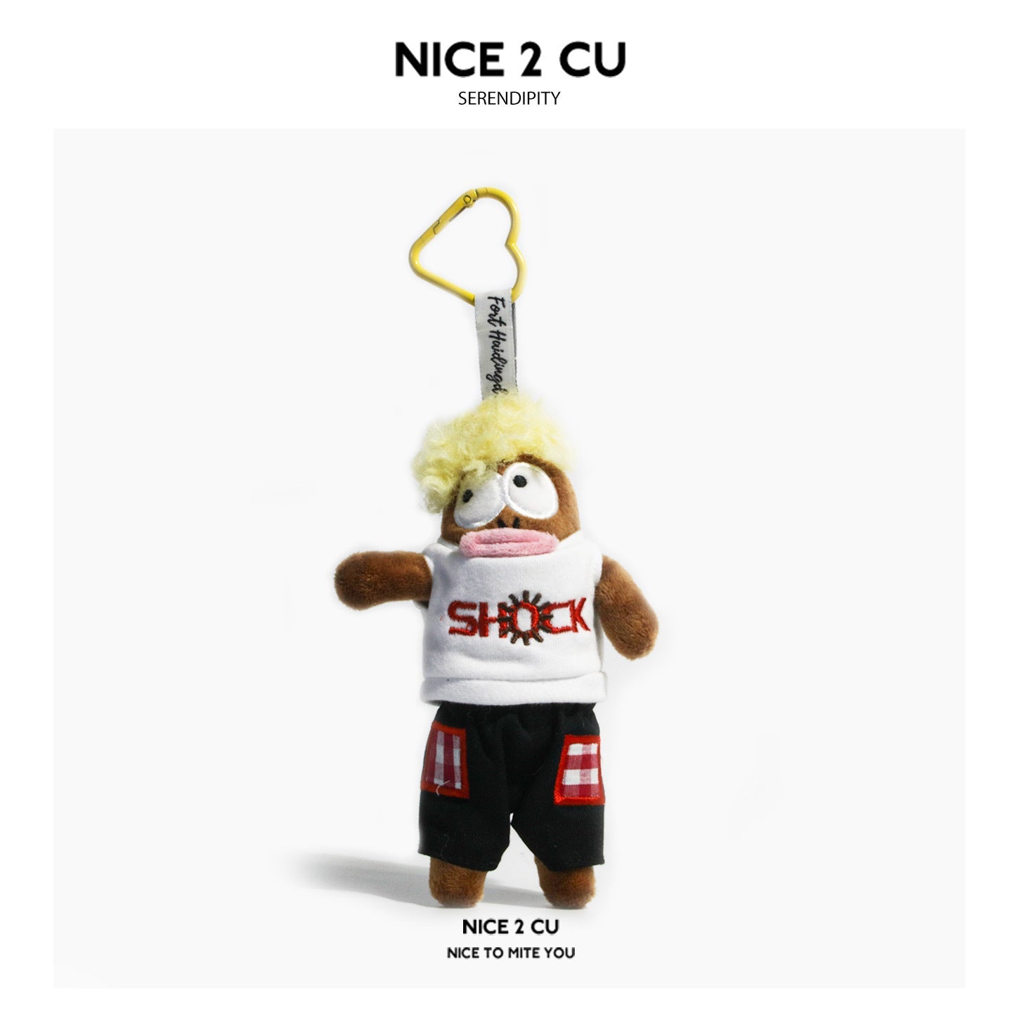 Serendipity plush character keychain in white printed sleeveless top and black pants with checkered pocket patches