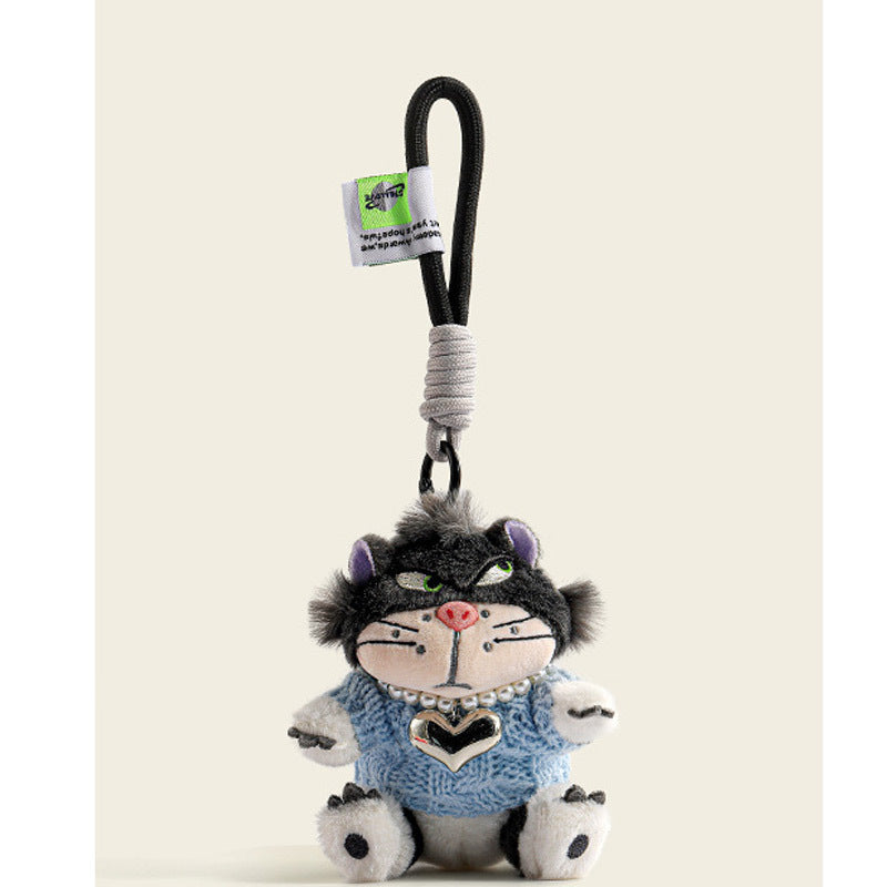 Black-face cat plush charm in light blue knit sweater with pearl bead necklace and silver heart pendant