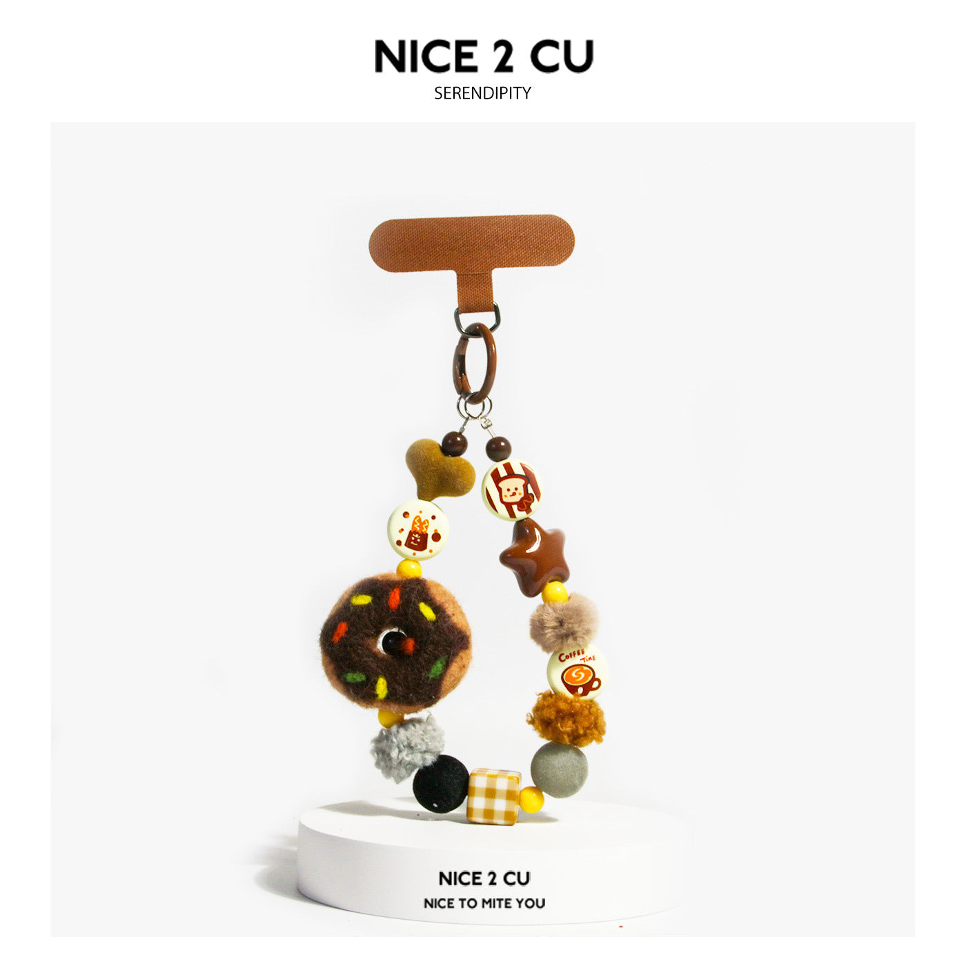 Kawaii chocolate donut felted charm phone wrist strap with pom-pom and printed disc beads on a loop chain