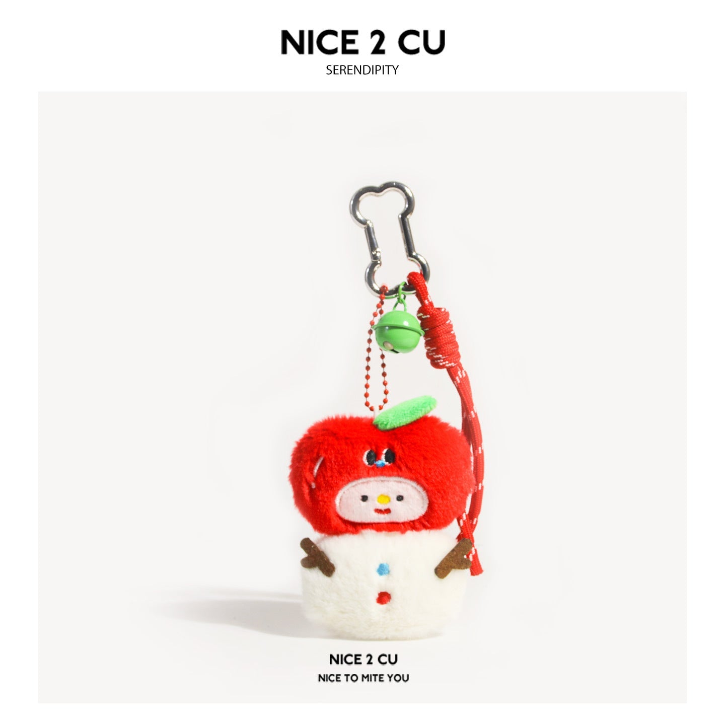 Apple snowman plush keychain charm with red apple-shaped head, green leaf, and white snowman body