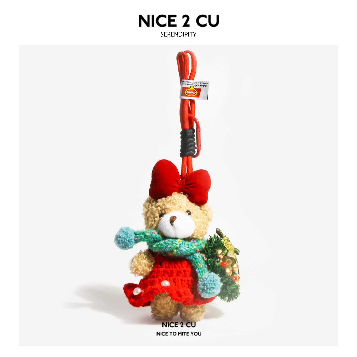 Christmas Wreath Girl plush teddy bear charm in red dress with large bow, multicolor scarf, and miniature holiday wreath acce