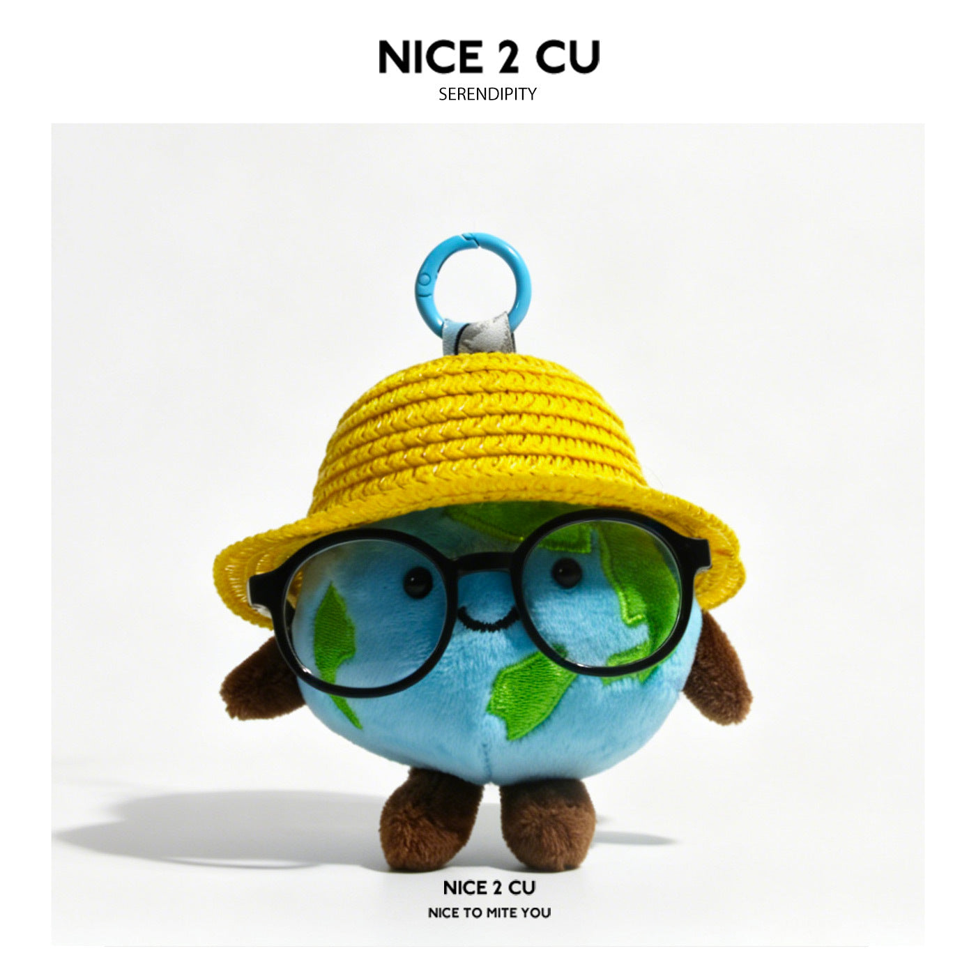Kawaii Earth globe plush charm wearing large black round glasses and a yellow woven hat