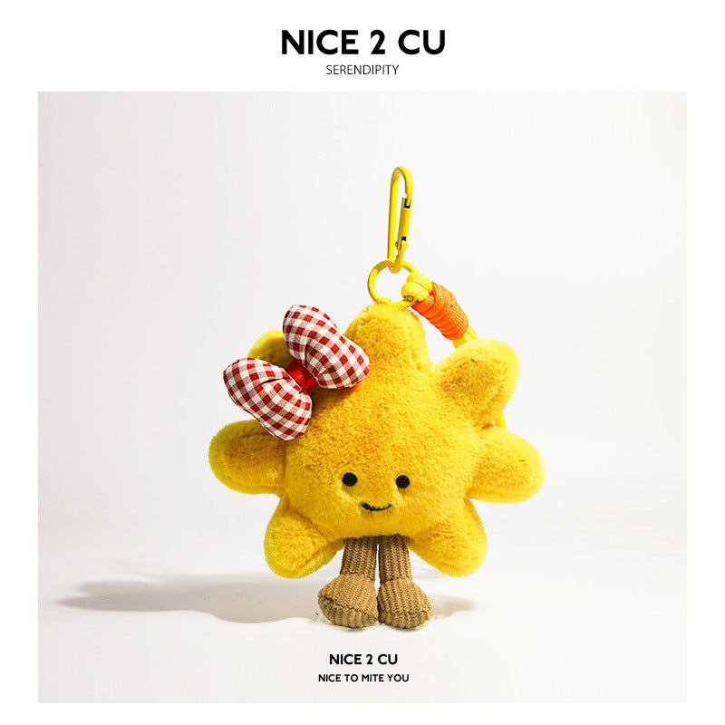 Yellow sunflower plush charm decorated with a red-and-white checkered bow and yellow strap