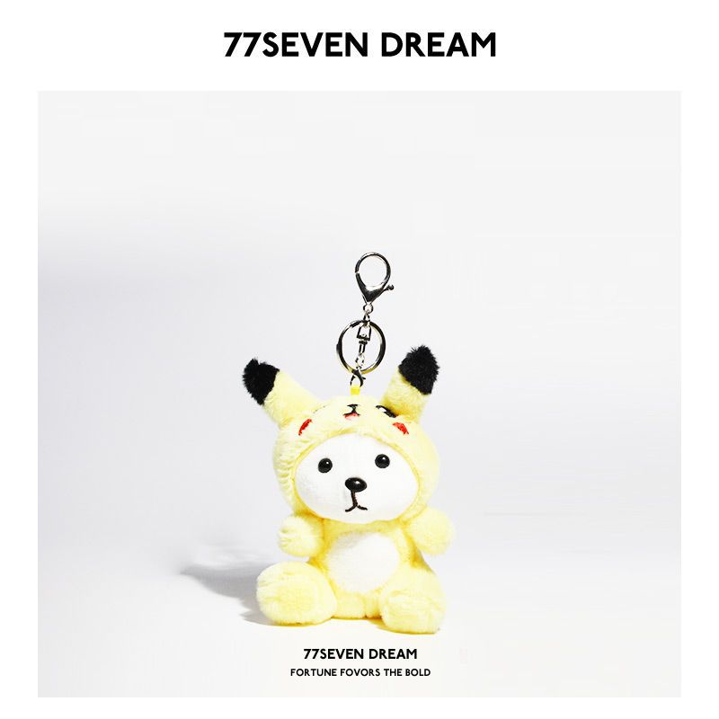 Yellow plush bear keychain charm with black-tipped ears in a Pikachu-inspired hooded costume