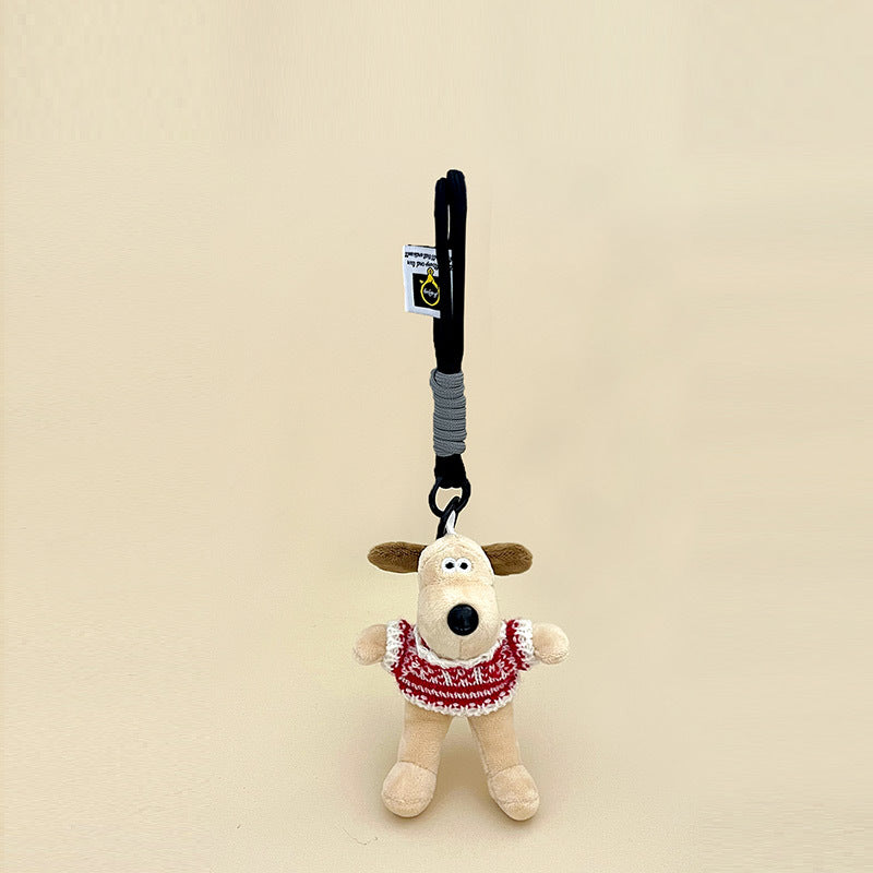 Short-fur cream dog plush charm wearing red plaid knitted sweater