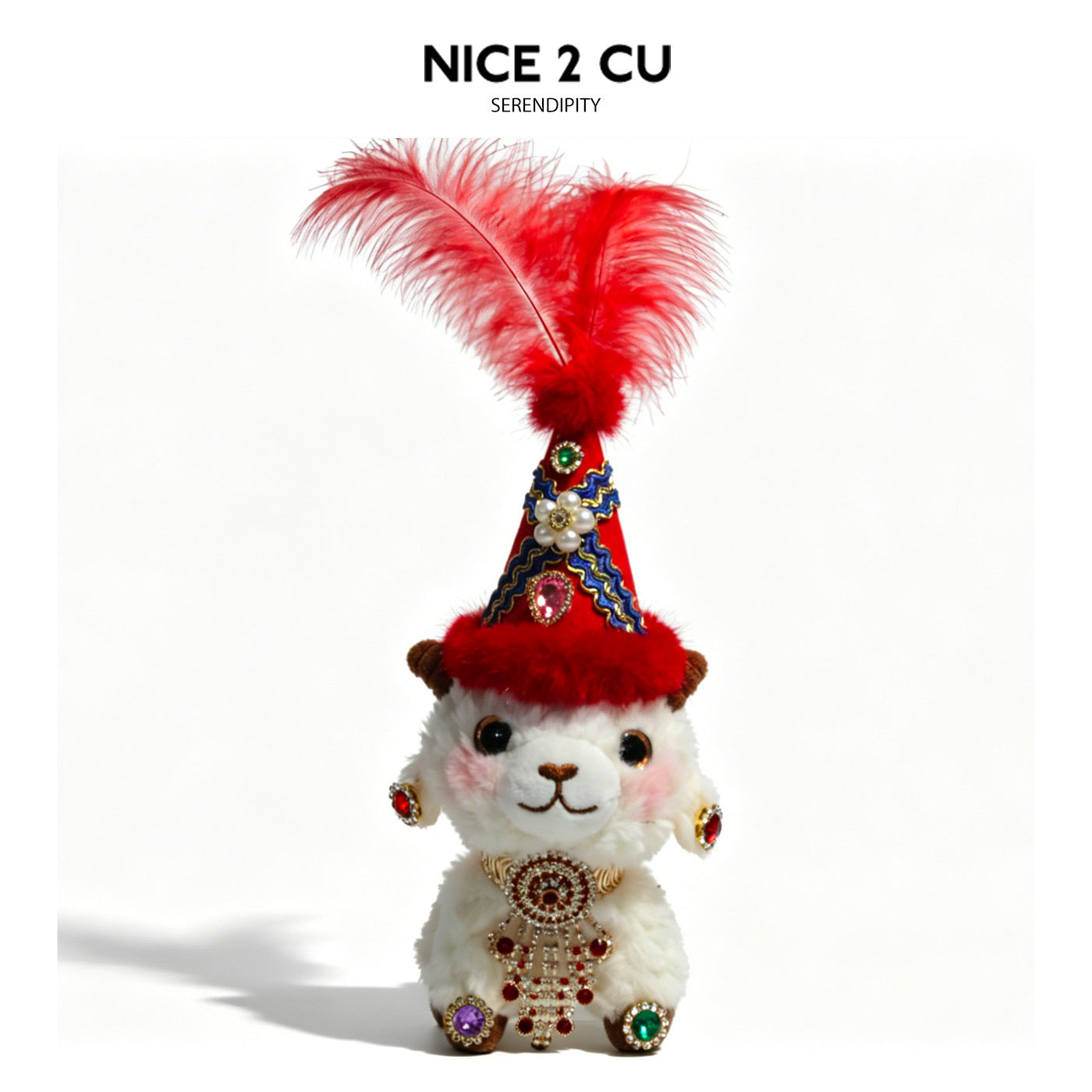 White plush lamb dressed in vivid red folk costume with tall red feather plume, blue-and-gold trim, and ornate chest piece
