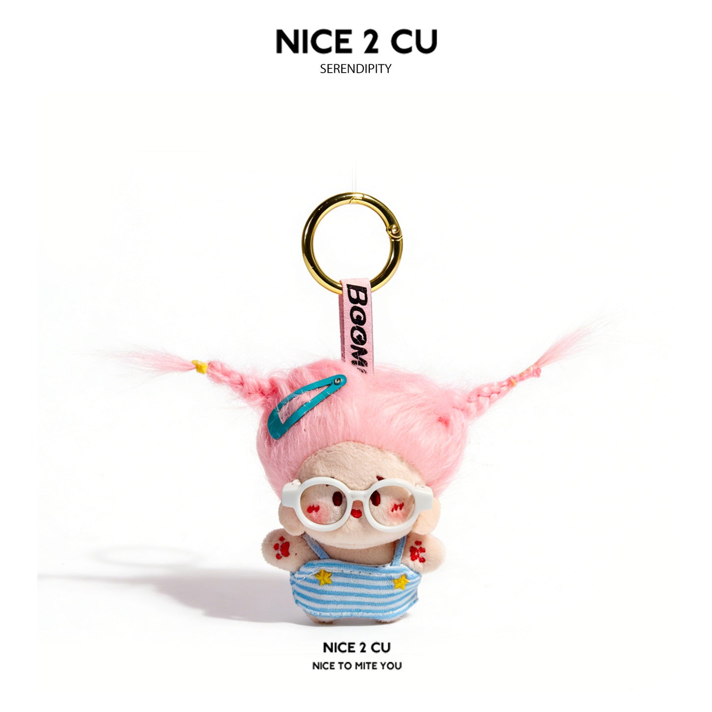 Pink-haired plush doll keychain charm with white glasses and light blue striped outfit on gold ring