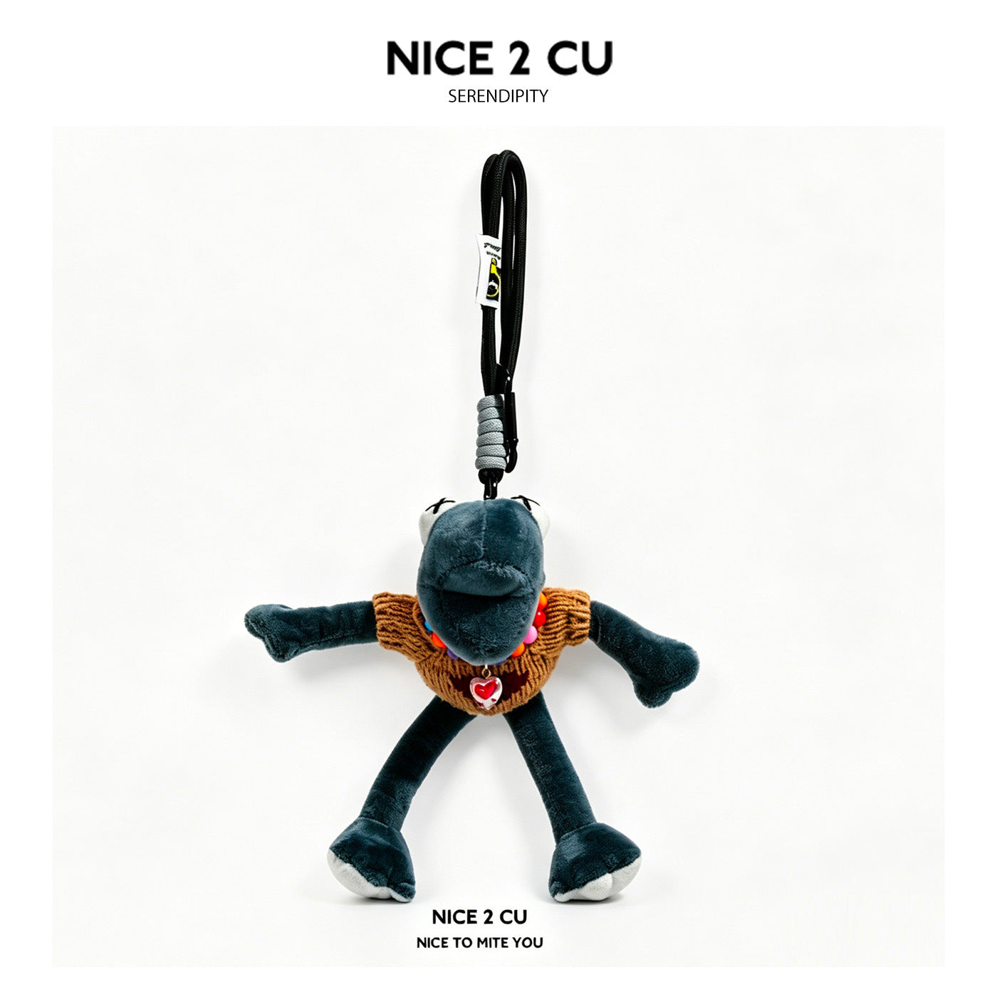 Dark grey-blue long-limbed plush frog bag charm wearing a brown ribbed vest and multicolored beaded necklace with red heart p