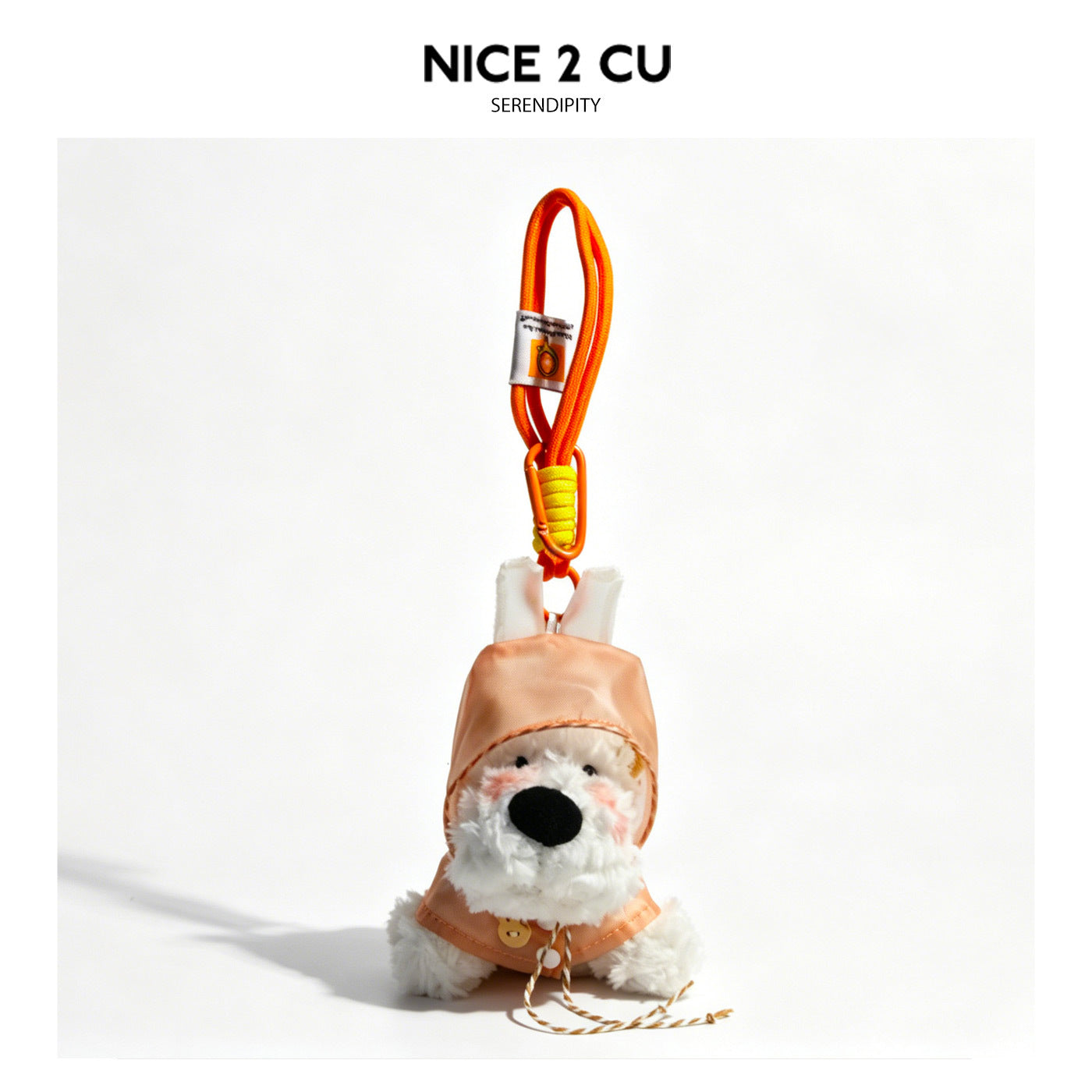Fluffy white dog plush keychain wearing a peach hooded raincoat with carabiner clip and braided rope loop