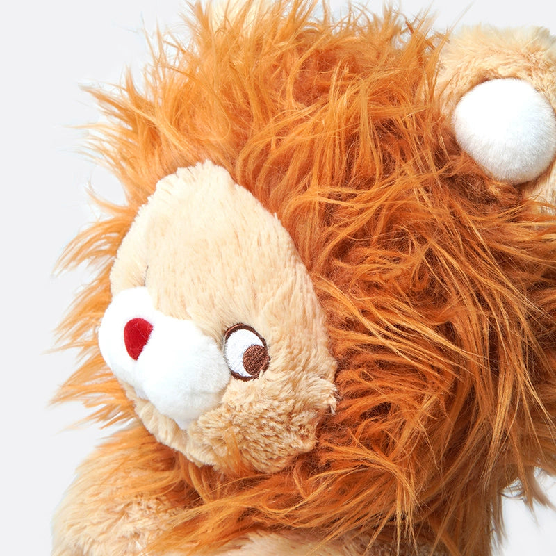 Close-up of the ZEIO Lion Plush Toy 30cm – Soft Cuddly King of the Jungle Stuffed Animal, featuring a beige face, fluffy orange mane, white snout, and red nose against a plain light background.