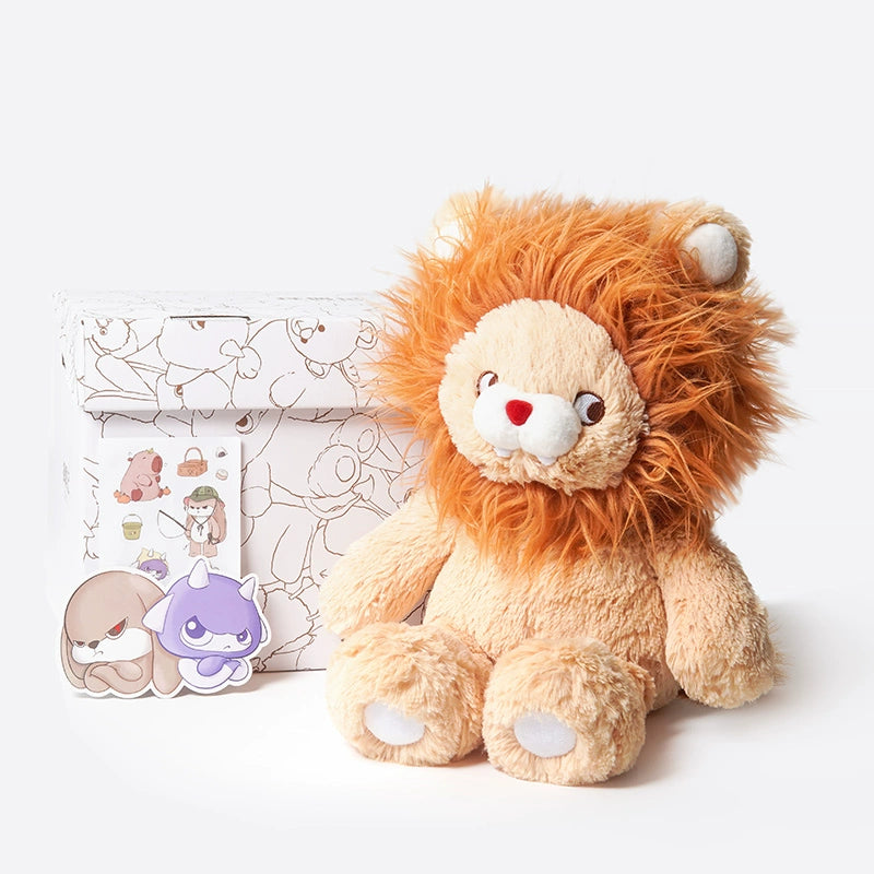 The ZEIO Lion Plush Toy 30cm – Soft Cuddly King of the Jungle sits by a white box with animal line art, plus two small animal character stickers and a sticker sheet.