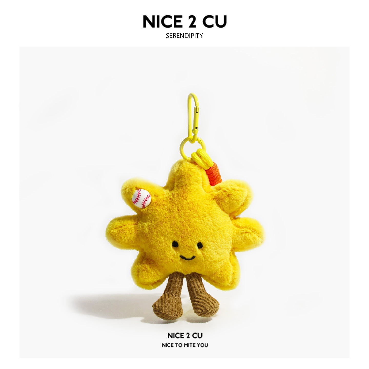 Yellow sunflower plush charm with a small baseball motif and yellow strap clip