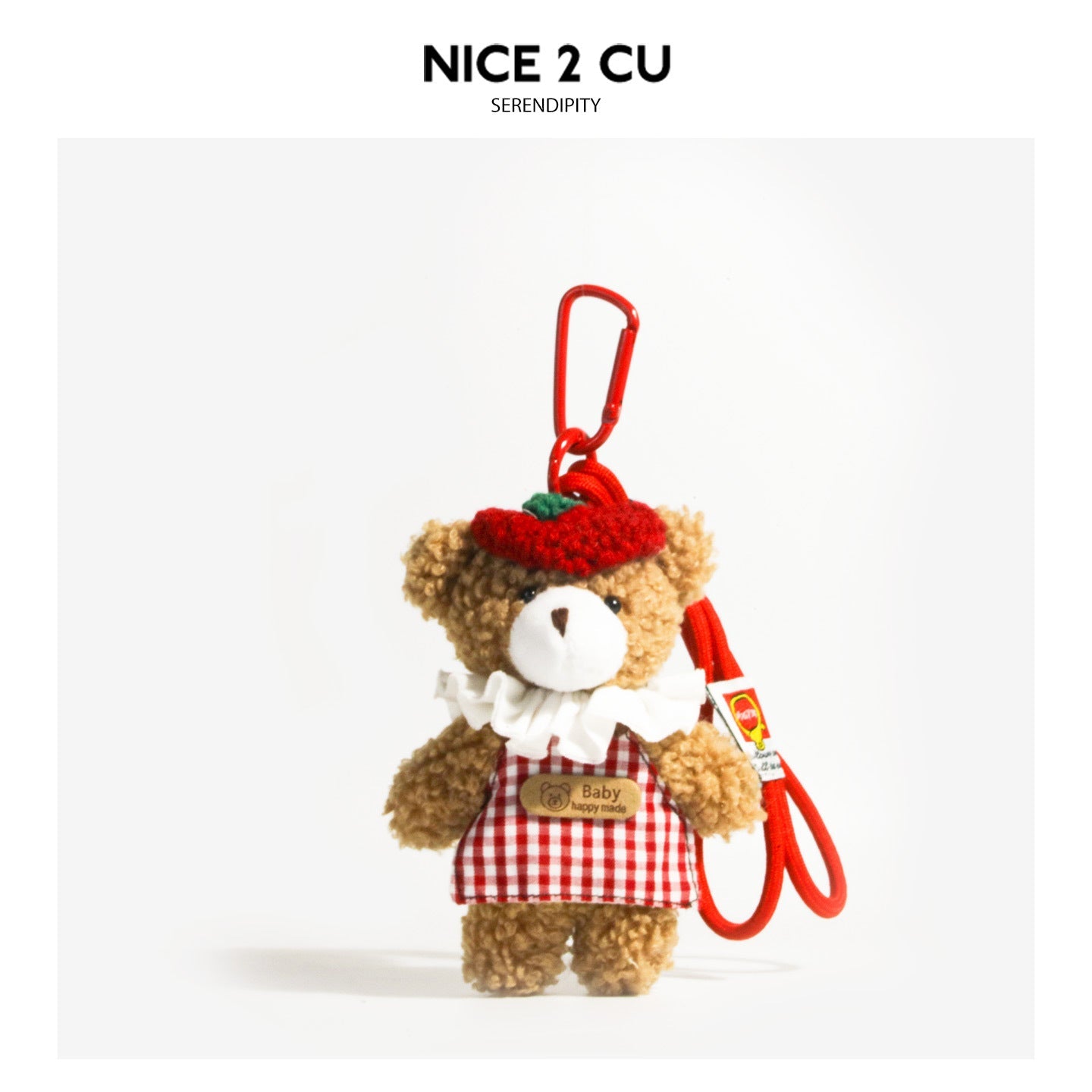 Curly plush teddy bear keychain charm in red gingham apron and ruffled collar with red carabiner clip