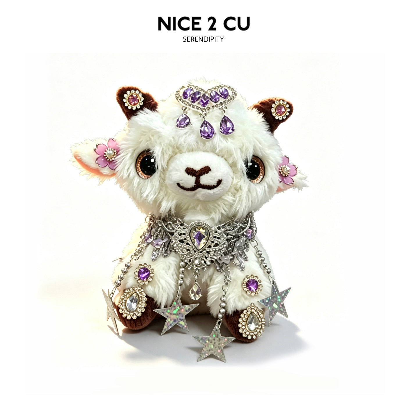 Plush lamb figurine with purple gemstone accents, butterfly ear decorations, and star-shaped charms