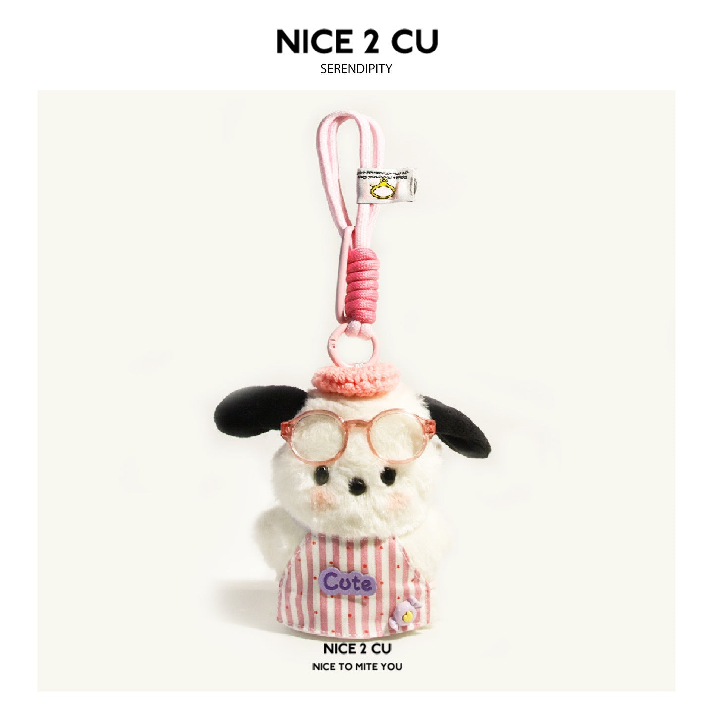 Kawaii plush dog charm in pink striped apron with Cute patch, pink round glasses, and pink braided loop cord