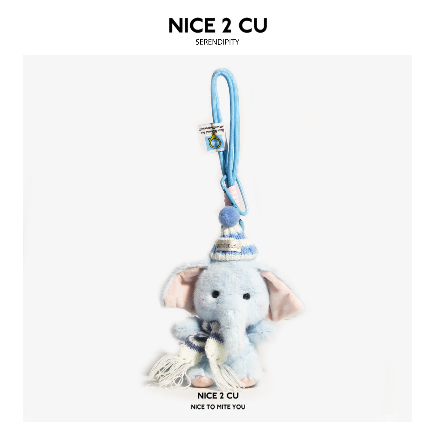 Light blue plush elephant keychain charm wearing a striped knitted hat with blue pompom and matching fringed scarf