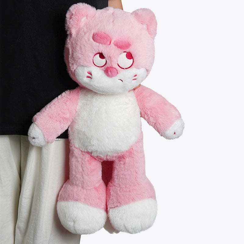A person holds the ZEIO Pink Cat Plush Toy 50cm, a soft and large stuffed kitty with an expressive face, featuring cute pink and white colors.
