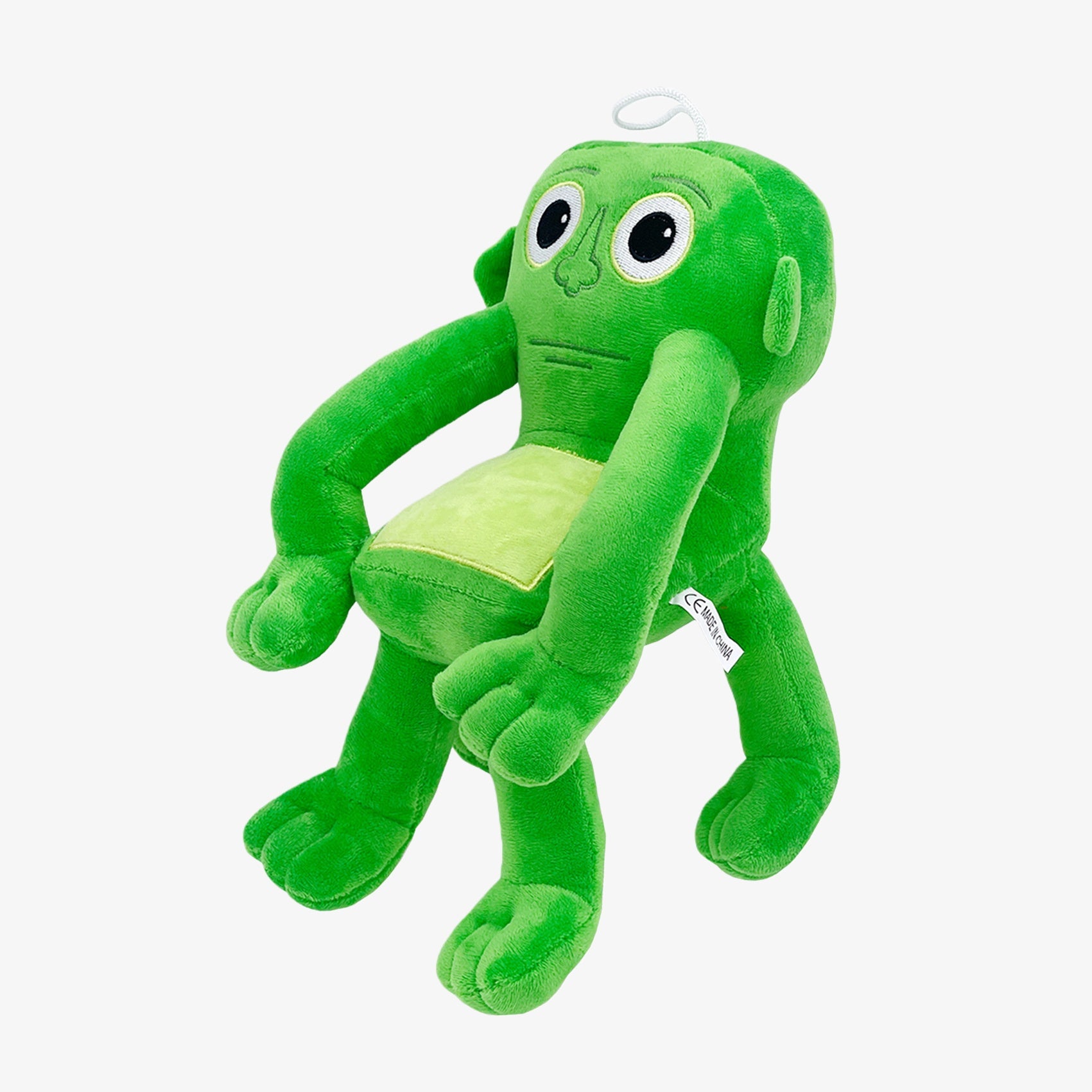 The Steal a Brainrot Inspired Green Humanoid Plush Toy is a 9.1-inch soft cartoon character doll with long arms, bright green color, large eyes, and a white hanging loop—ideal for plush collectors.