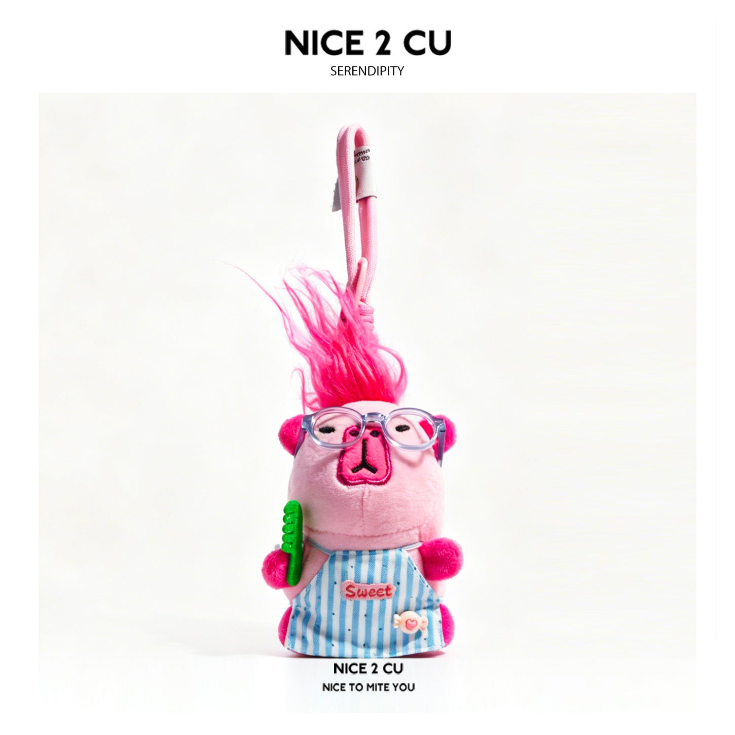 Kawaii pink capybara plush charm with spiky pink hair, light glasses, and blue-and-white striped apron embroidered with 'Swee