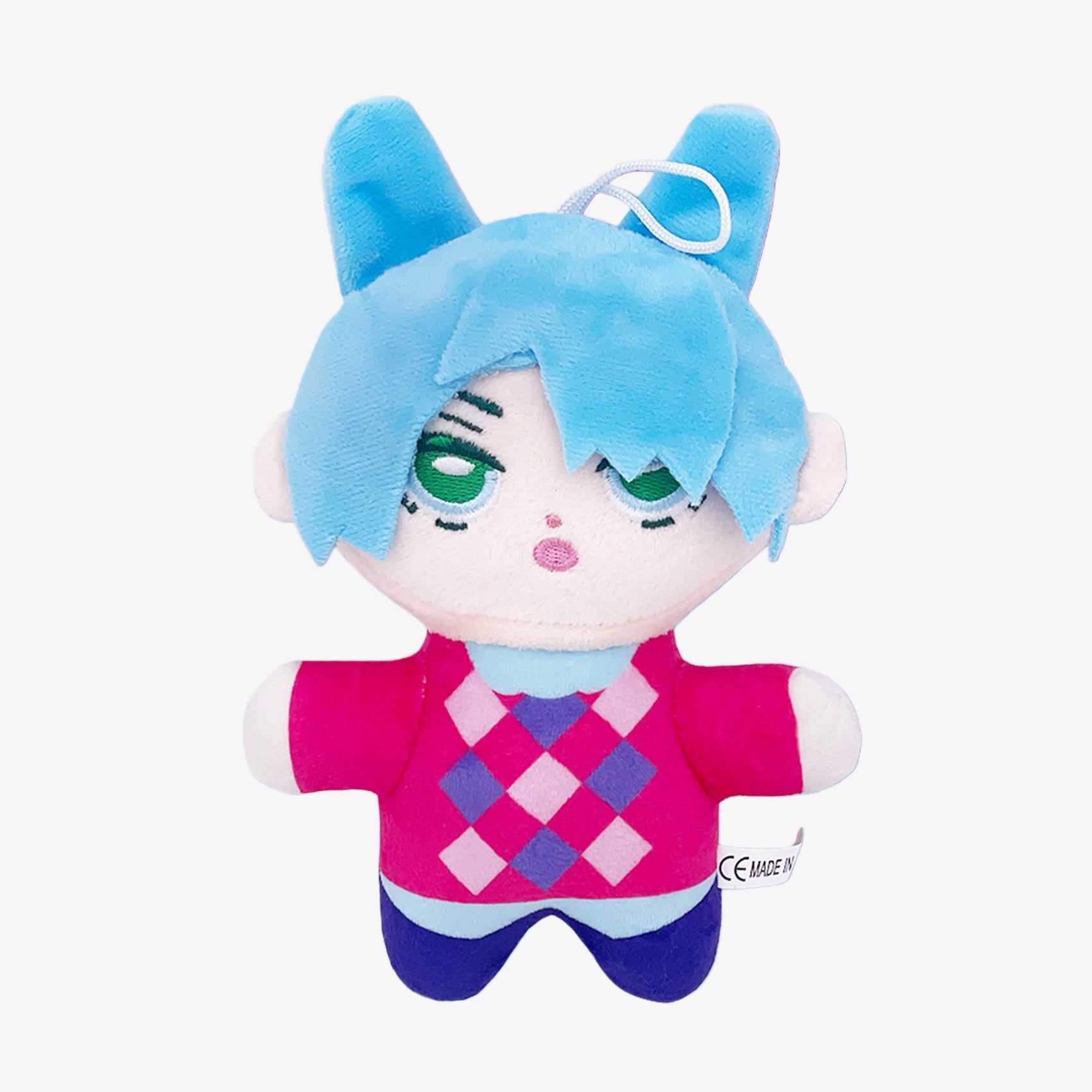 The Demon Hunters Anime Plush Doll is an 8-inch soft toy with blue hair, blue cat ears, green eyes, a pink and purple diamond-patterned shirt, and a white hanging loop for easy display.