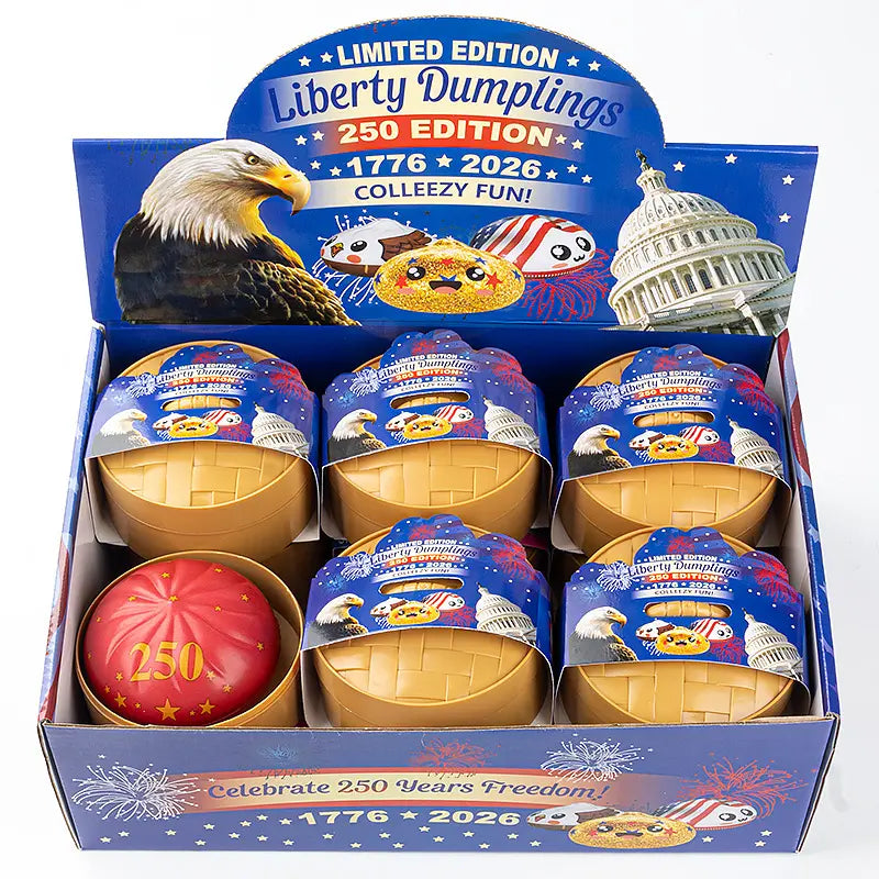 ZoDoll’s Liberty Dumplings 250 Edition Squishy Fidget Toy with Steamer features USA 1776–2026 anniversary designs and a red ball marked 250, all in collectible packaging inspired by modern responsive UI design.