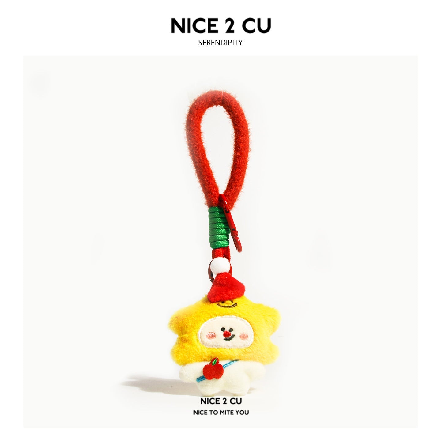 Yellow Christmas star plush charm with red Santa hat and white accents on a red chenille loop