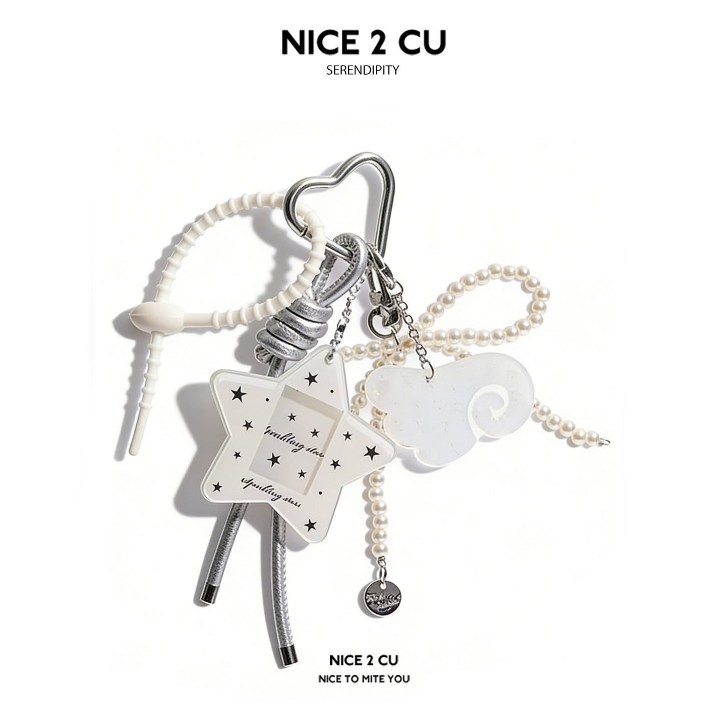 White star-shaped acrylic card holder keychain charm with pearl bead strand, cloud charm, and silver heart carabiner clip