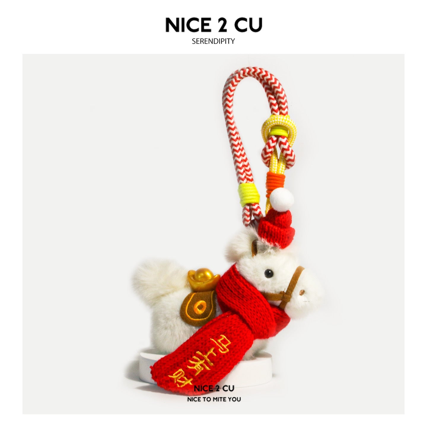 White plush horse ornament with red scarf and gold ingot saddle detail on white base – wrist strap version