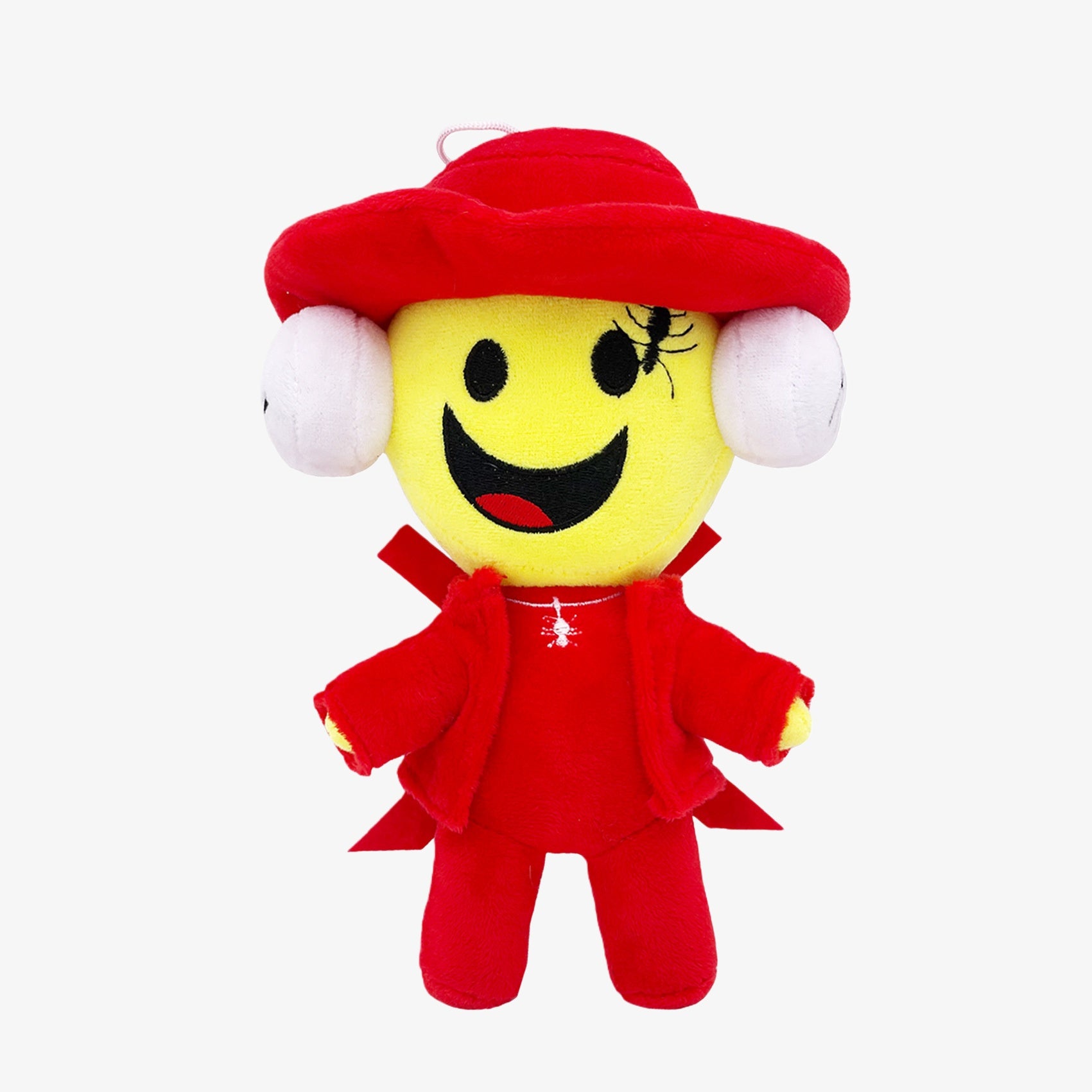 The Steal a Brainrot Inspired Red Outfit Character Plush Toy is a 9.4-inch smiling yellow face plush doll with a hat, ear pads, and red costume—a fun collectible cartoon figure for any collection.