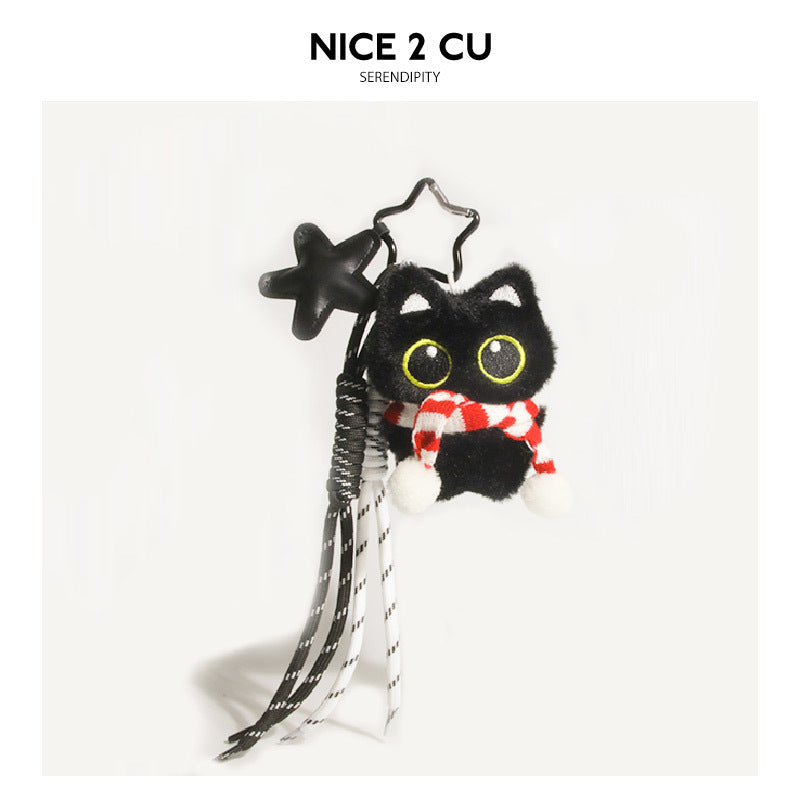 Black cat plush charm with red-and-white checkered scarf, star pendant, and hanging braided cords