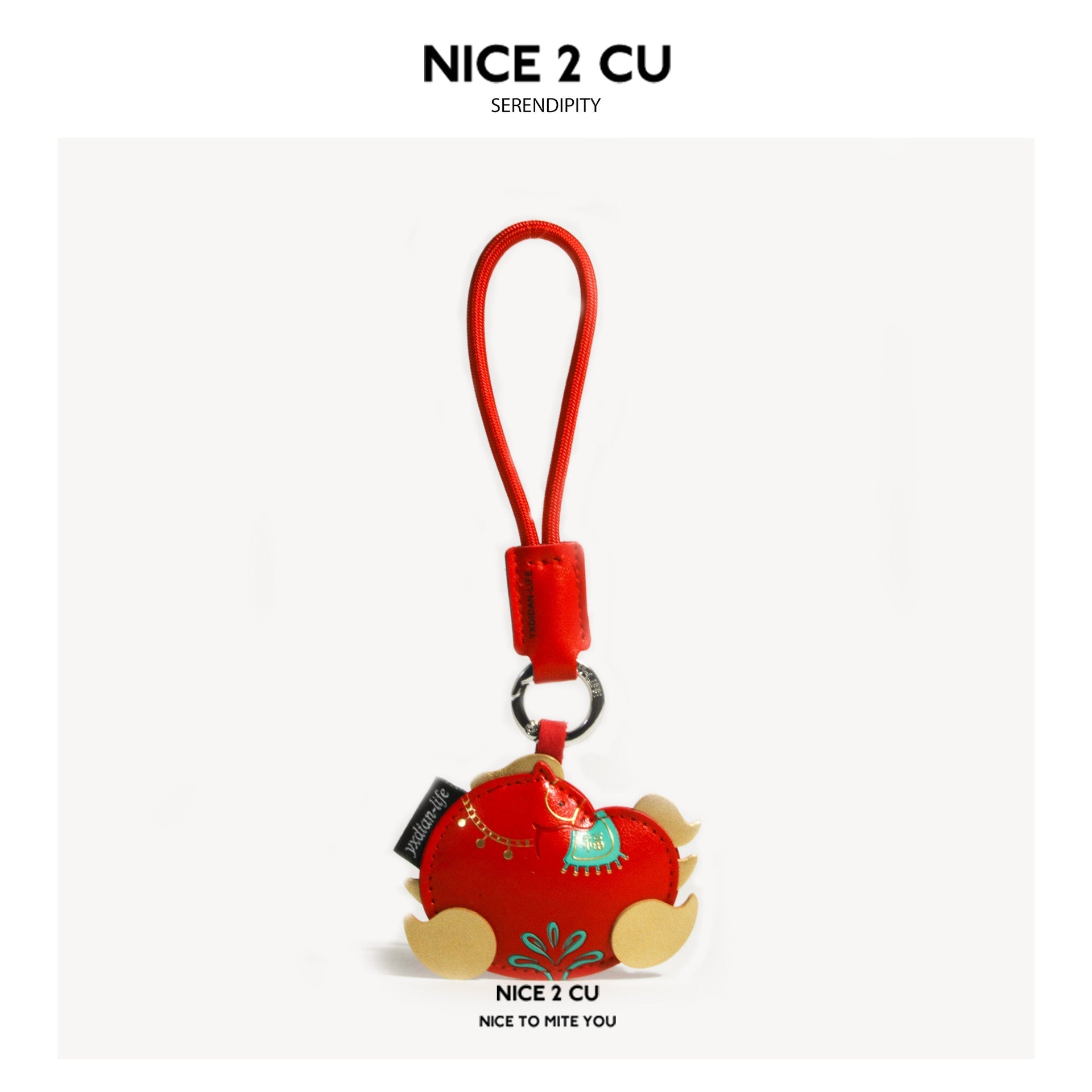 Round red horse keychain charm with gold feet and turquoise accents in a wealth-themed cloud design