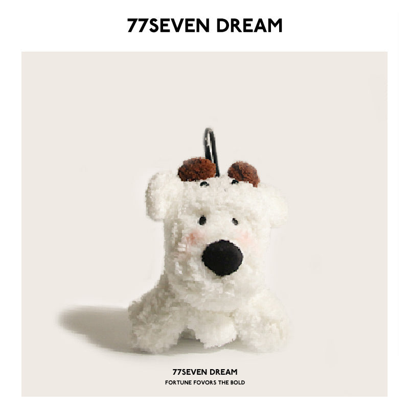 White plush Westie charm dressed in a brown sheep costume hood with black hanging strap