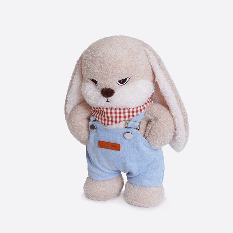 ZEIO's Bunny Plush Toy 35cm is a soft rabbit stuffed toy dressed in denim overalls, featuring floppy ears and a serious expression—perfect for nursery décor.