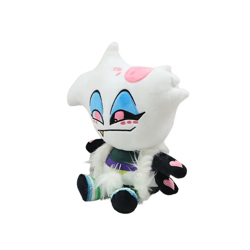 The ZoDoll Cute Angel Dust Plushie from Hazbin Hotel features a white head, blue and pink eyes, fangs, black arms with pink hearts, and vibrant clothing—an ideal kawaii collectible gift for any fan. Perfectly displayed against a white background.