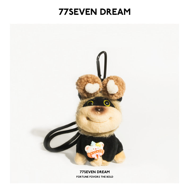 77SEVEN DREAM Bee Dog plush charm with caramel Mickey-style round ears, black outfit, heart details, and carabiner clip