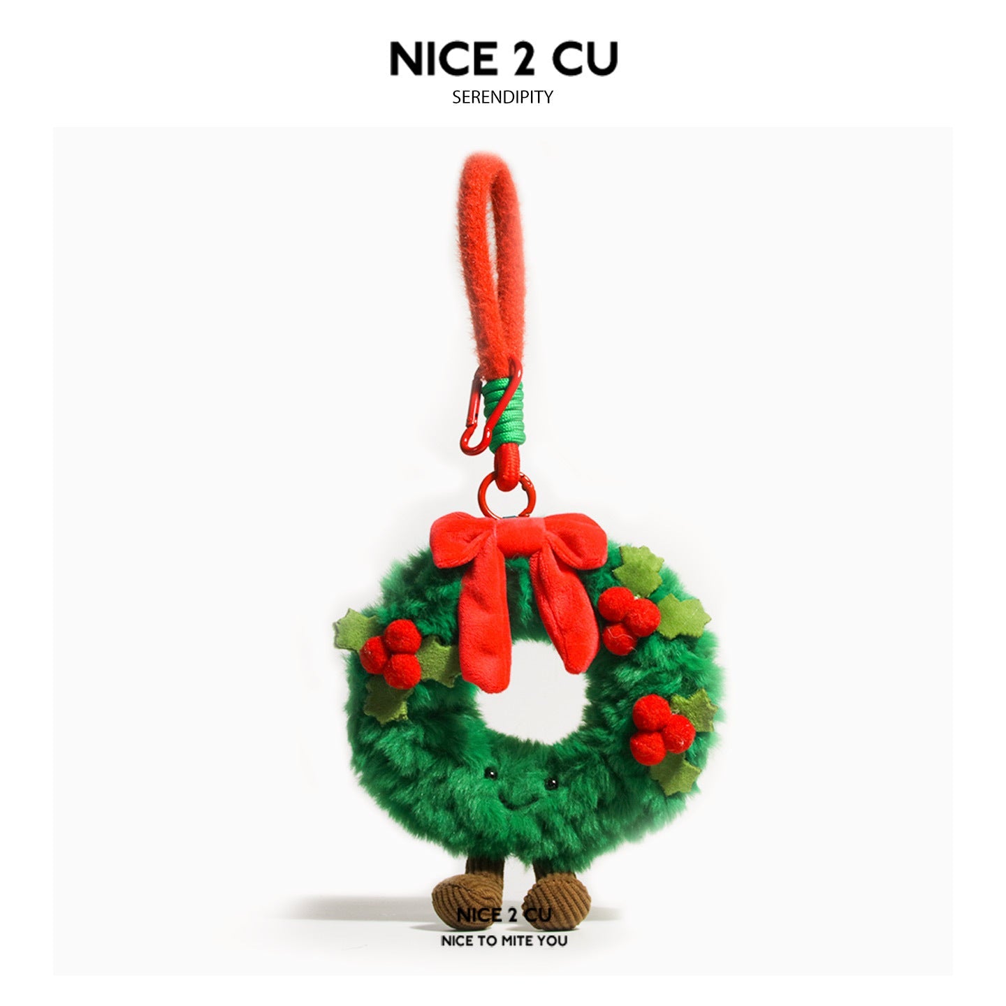 Kawaii Christmas wreath plush keychain with red bow, holly berries, brown boots, and carabiner clip