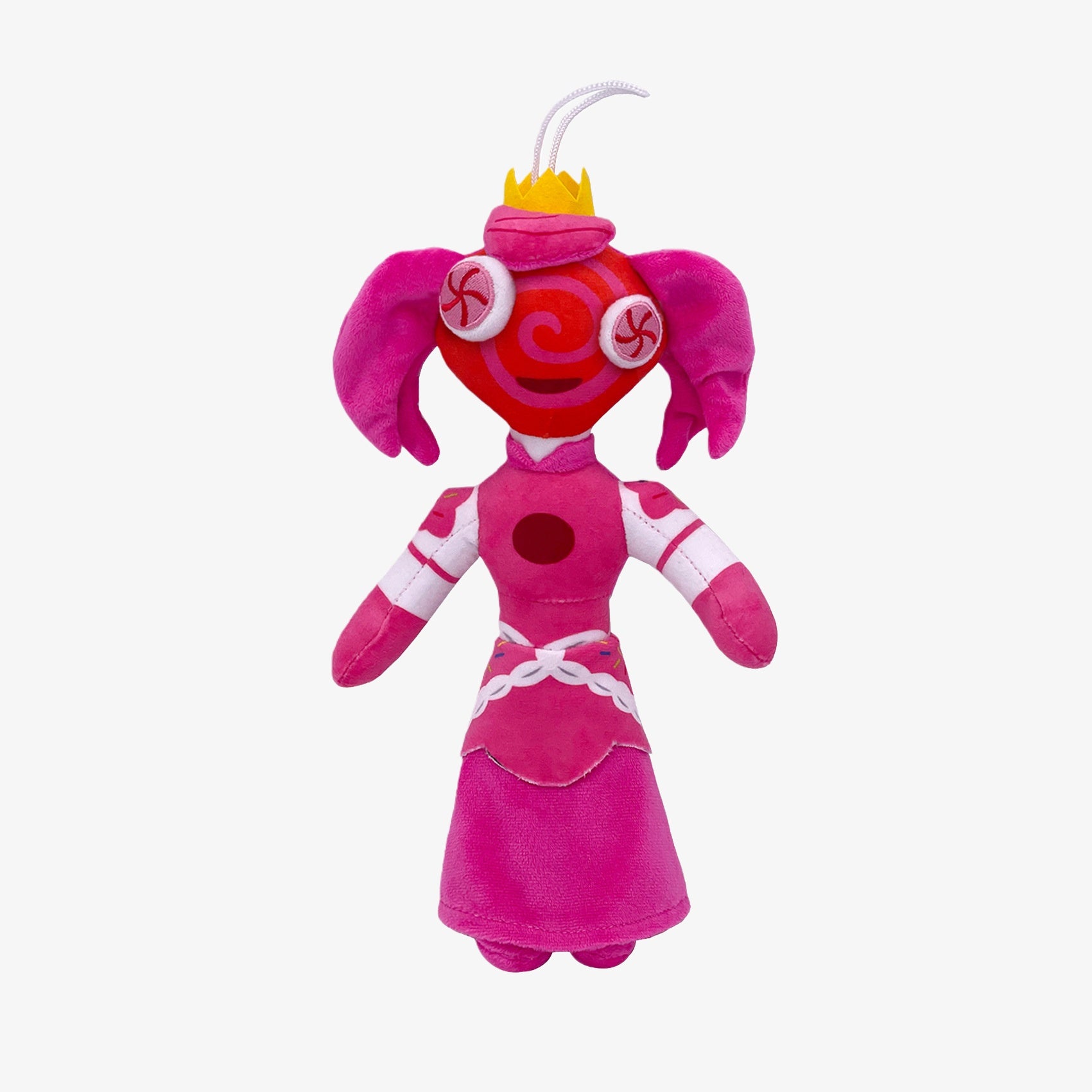 The Amazing Digital Circus Inspired Plush Toy features a 12.2-inch pink princess cartoon doll with pink hair, a yellow crown, and swirl face patterns, shown against a plain white background.