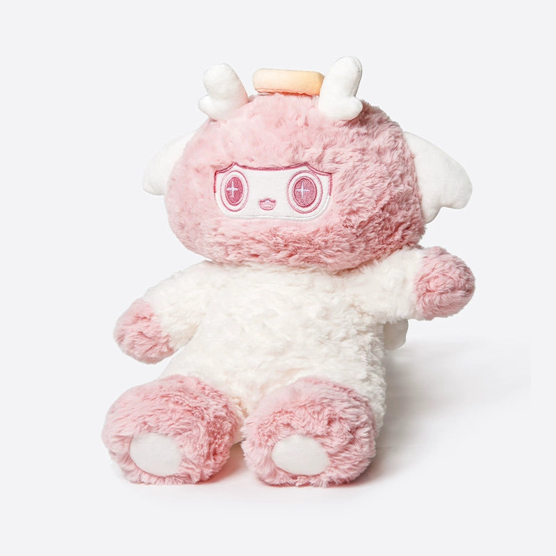 The ZEIO Angel Lamb Plush Toy 30cm is a soft cherubic sheep with a pink and white furry body, small horns, tan halo, wings, and pink embroidered facial features.
