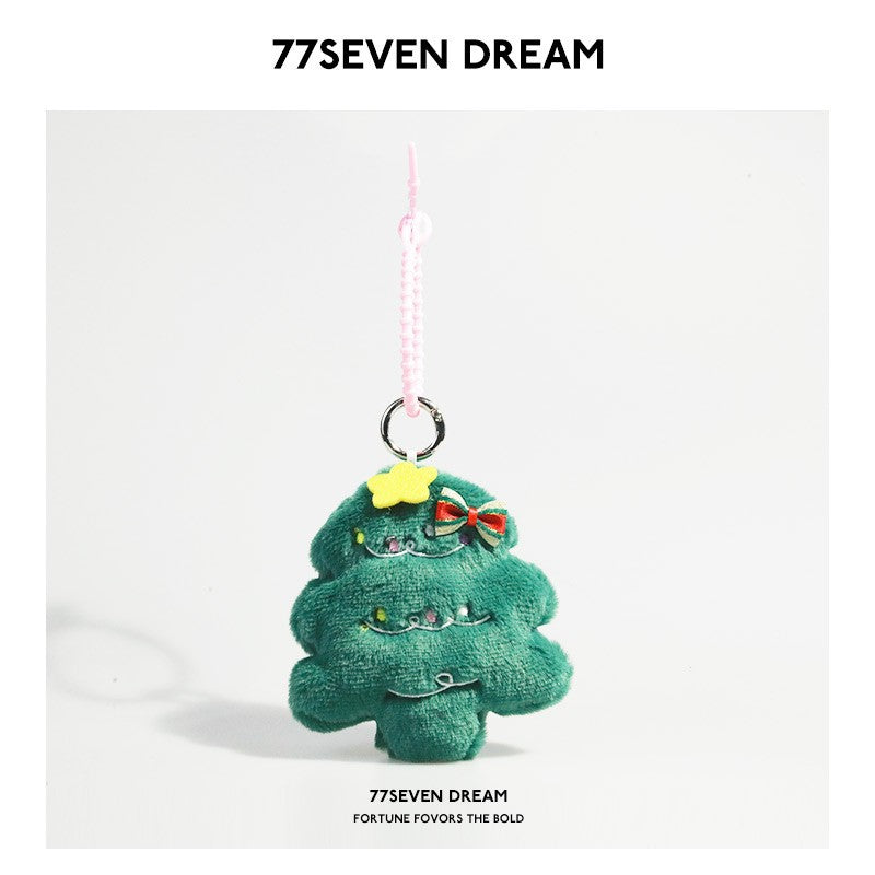 Kawaii green Christmas tree plush charm with yellow star, striped bow, embroidered lights, and pink braided hanging cord