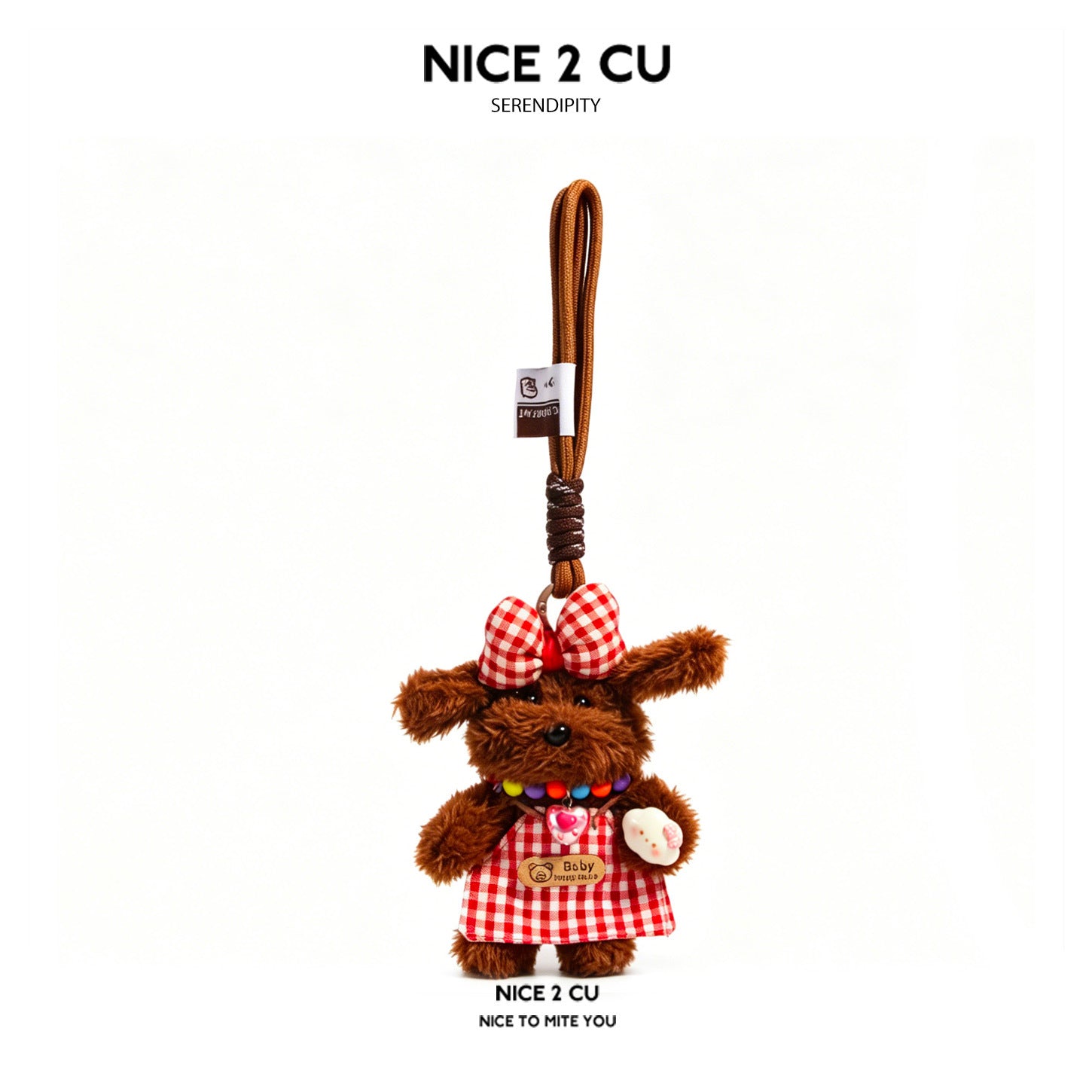 Dark khaki plush dog charm in red and white gingham dress with multicolor collar detail and braided hanging cord
