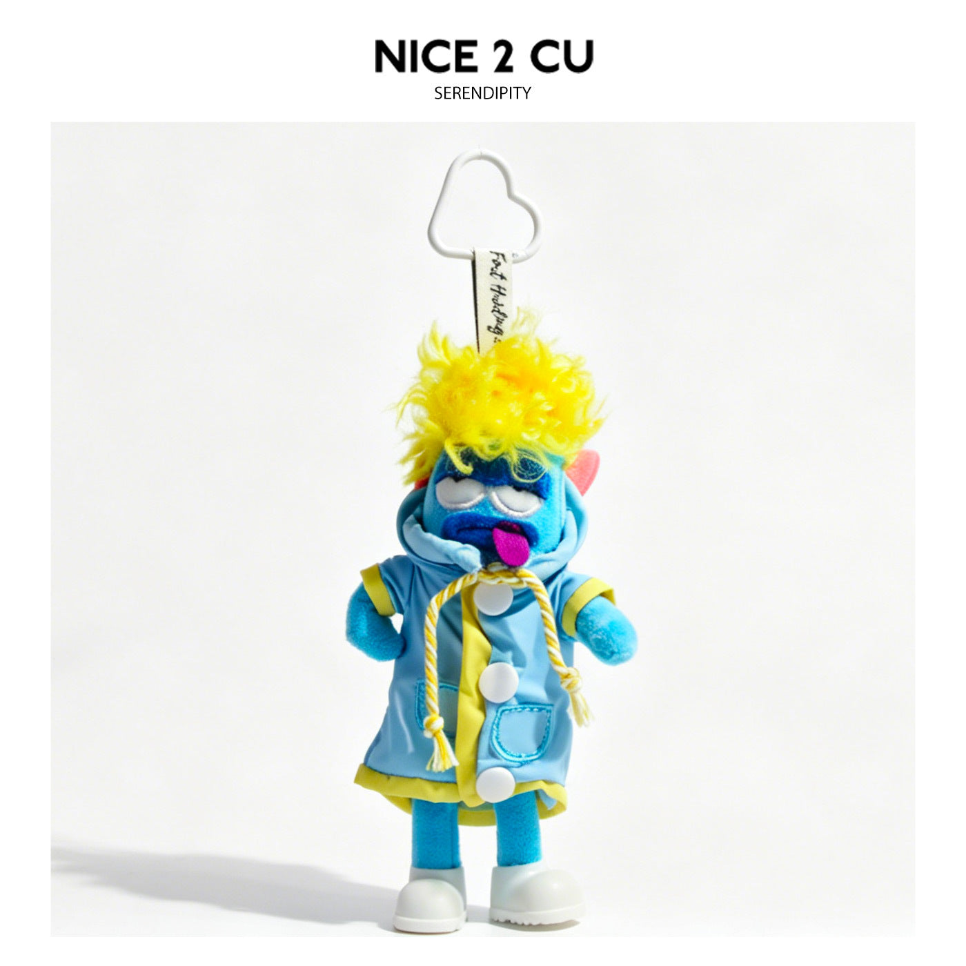 Blue cartoon plush pendant with light blue raincoat, yellow trim, rope tie, and white shoes on heart-shaped carabiner clip